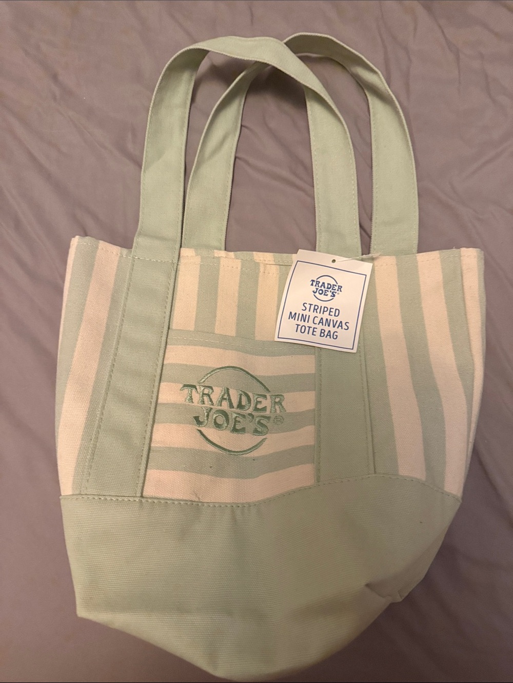 Trader Joe's Mint & Cream Striped Canvas Tote